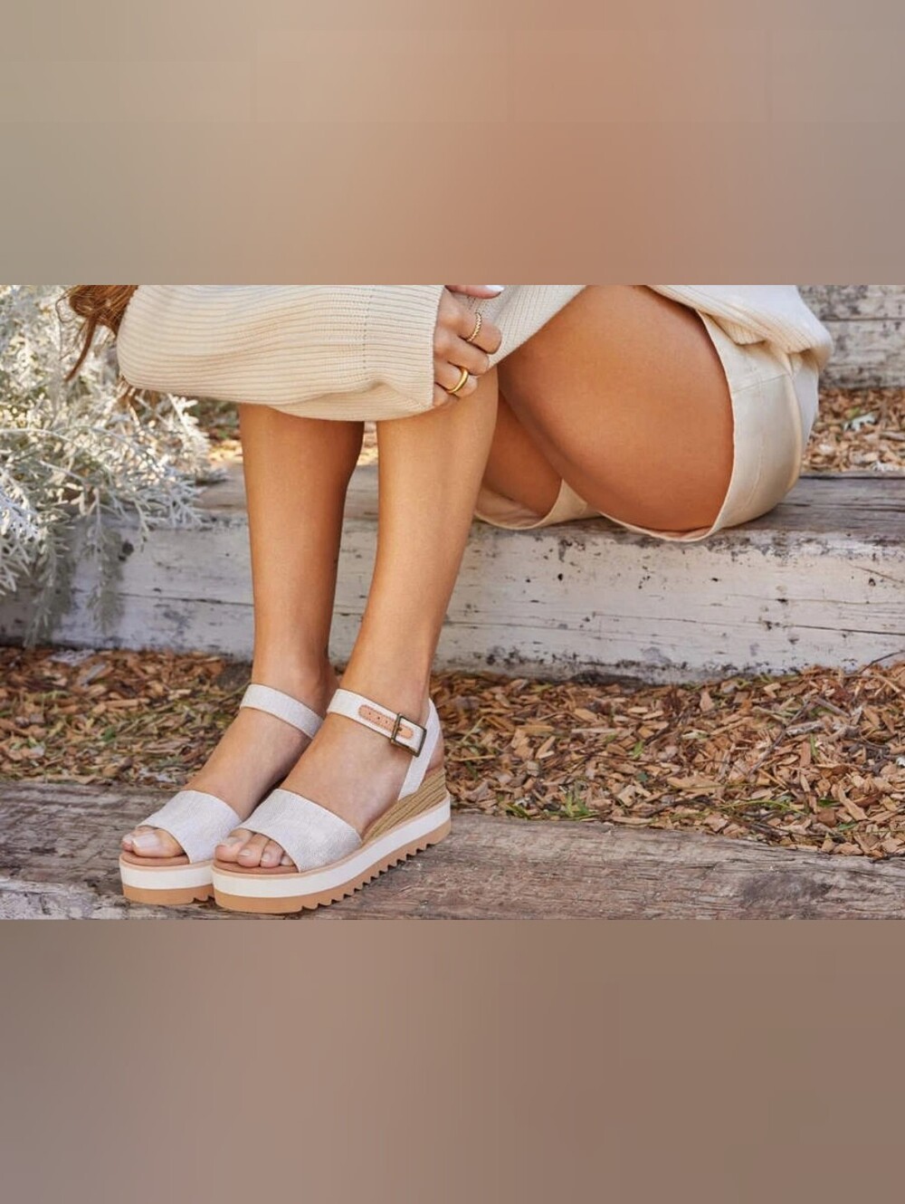 TOMS Beige Ankle-Strap Platform Sandals Size 8W